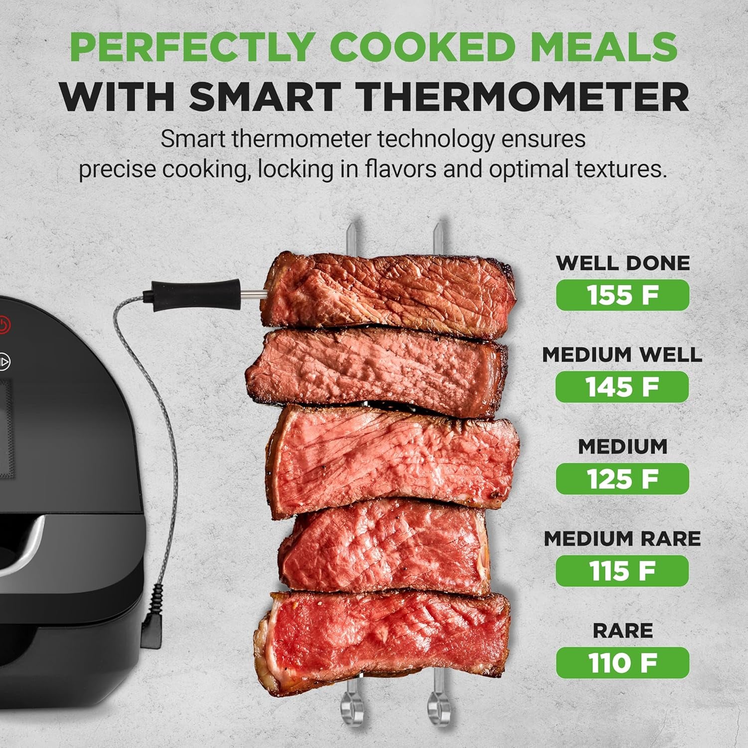 Indoor Smokeless Grill - Smart Grill & Air Fryer with 7 Cooking Functions - 6L Capacity - Includes Smart Thermometer - Precise Temperature Control - Non-Stick Removable Grill Plates