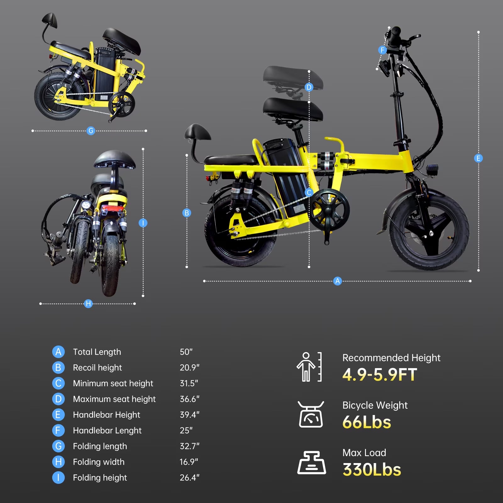14" Foldable E-Bike: 48V 750W Peak Power,48V 20Ah Removable Lithium-Battery, 15.5Mph, 50Mile Range, 243Lbs Capacity, Electric Bike for Commuting & Short Trips
