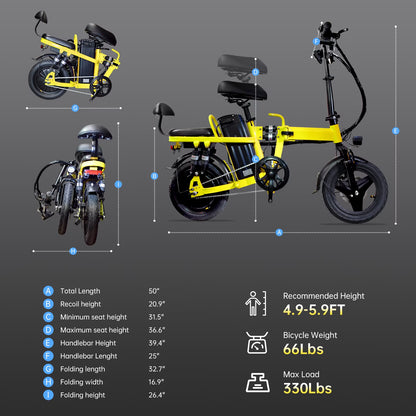 14" Foldable E-Bike: 48V 750W Peak Power,48V 20Ah Removable Lithium-Battery, 15.5Mph, 50Mile Range, 243Lbs Capacity, Electric Bike for Commuting & Short Trips